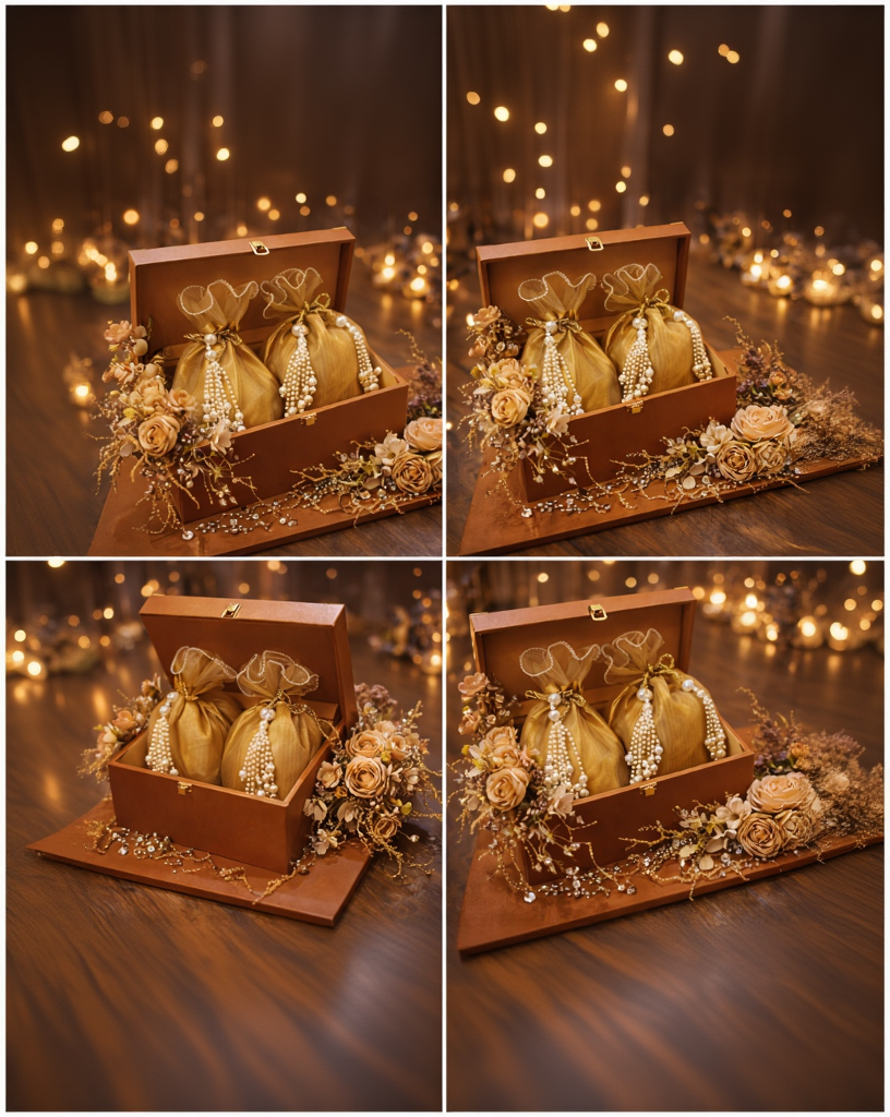 Luxury Burnt Orange Wedding Gift Box Set with Gold Organza Pouches & Pearl Tassels
