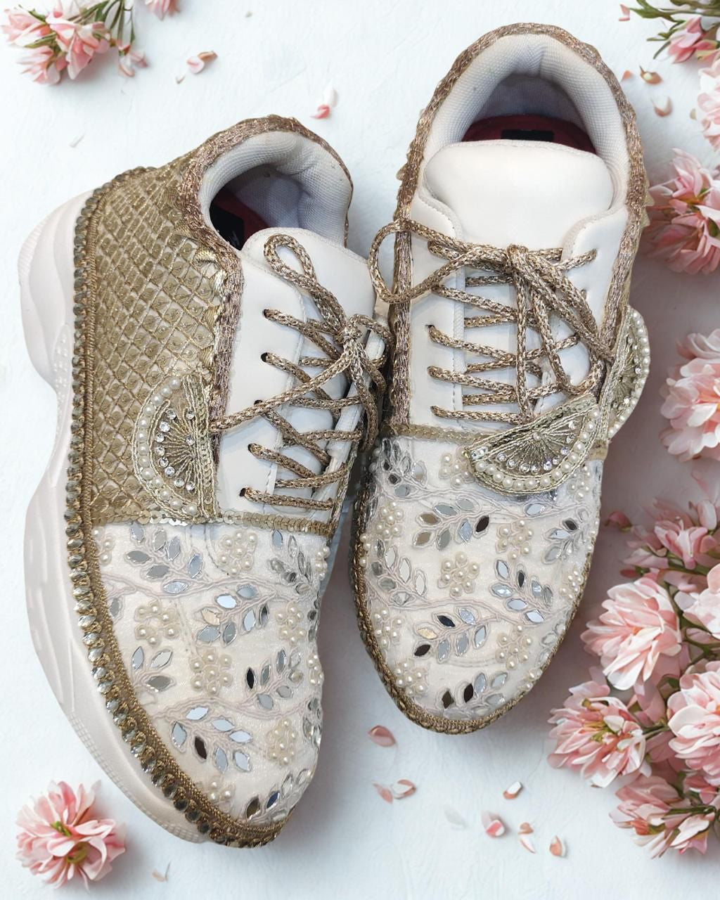 Luxury Embellished Bridal Sneakers with Pearl & Mirror Work – Gold & Ivory Wedding Shoes