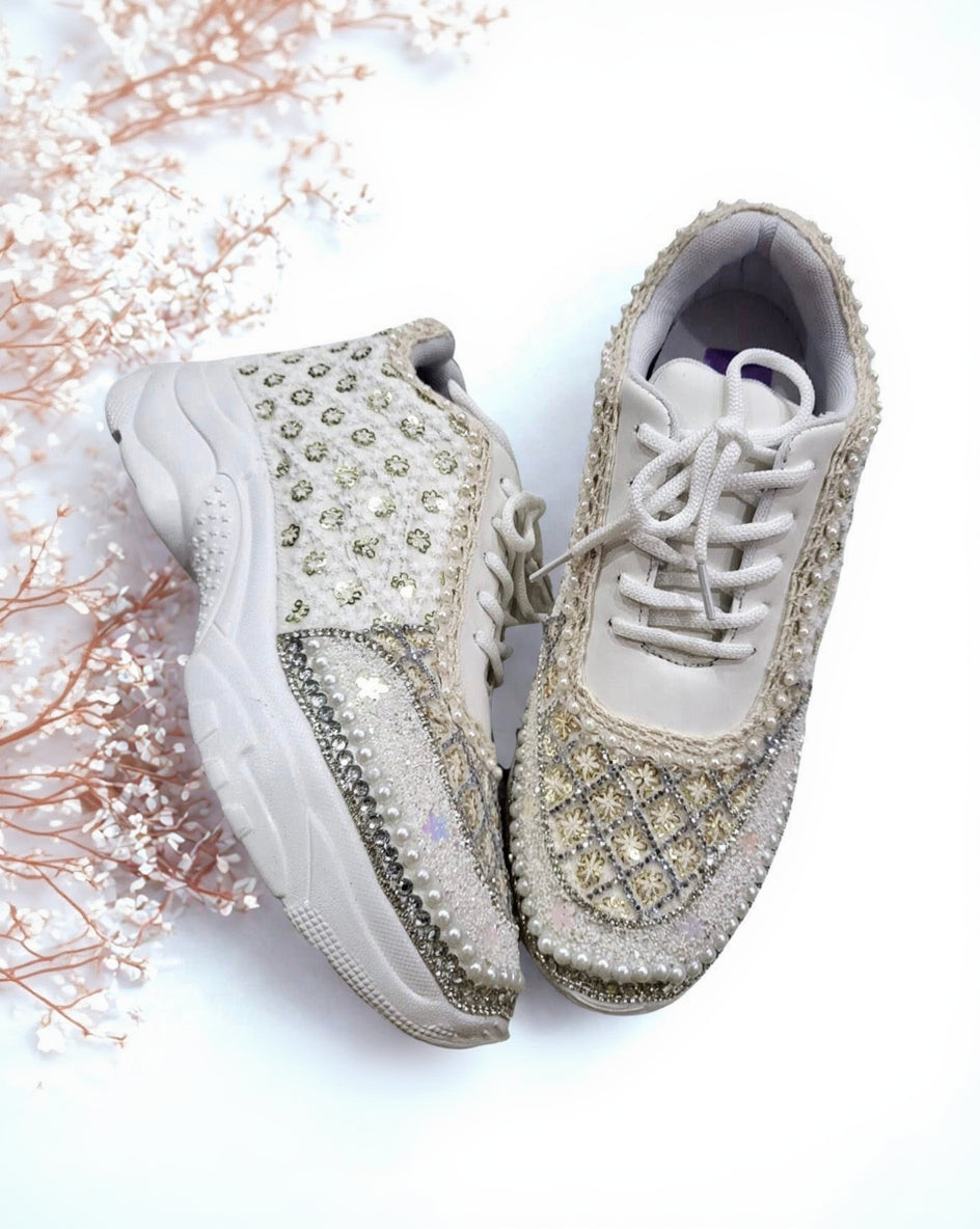Ivory Pearl Embellished Bridal Sneakers – Luxury Wedding Shoes