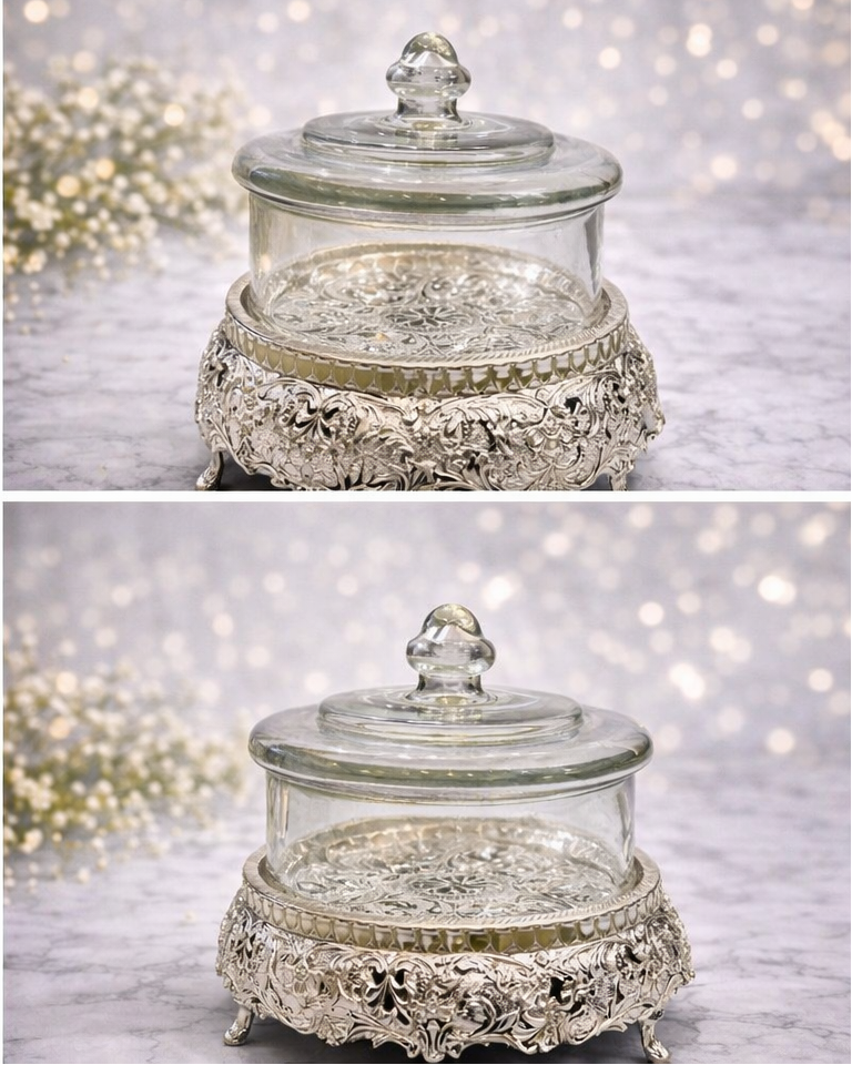 Luxury Glass Candy Jar with Ornate Silver Stand & Lid