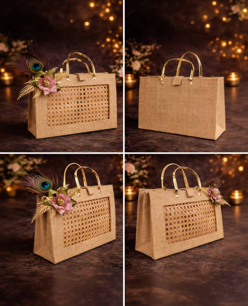Luxury Jute & Cane Gift Bag with Gold Handle and Peacock Floral Decor
