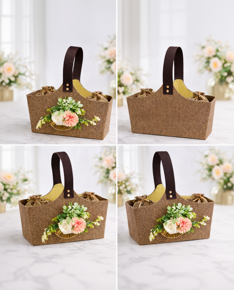 Premium Jute Gift Basket with Floral Decor & Wooden Handle