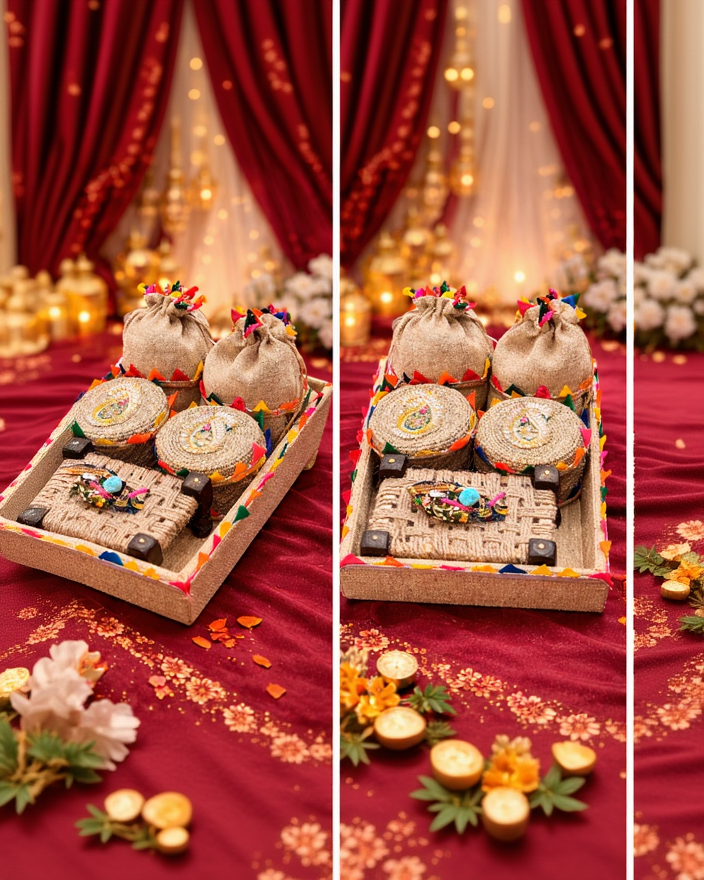 Premium Wedding Gift Hamper Tray with Potli Bags & Traditional Decor