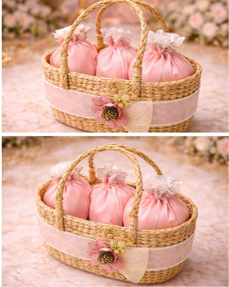 Luxury Pink Wedding Gift Basket with Satin Potli Bags – Elegant Bridal Favour Hamper