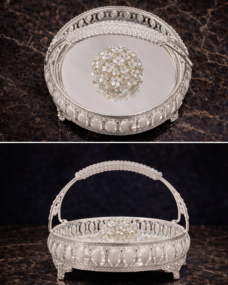 Luxury Silver Filigree Basket with Mother of Pearl & Crystal Handle – Elegant Decorative Centerpiece