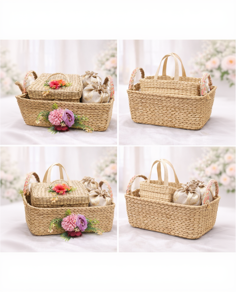 Premium Woven Gift Basket with Floral Decor & Potli Set