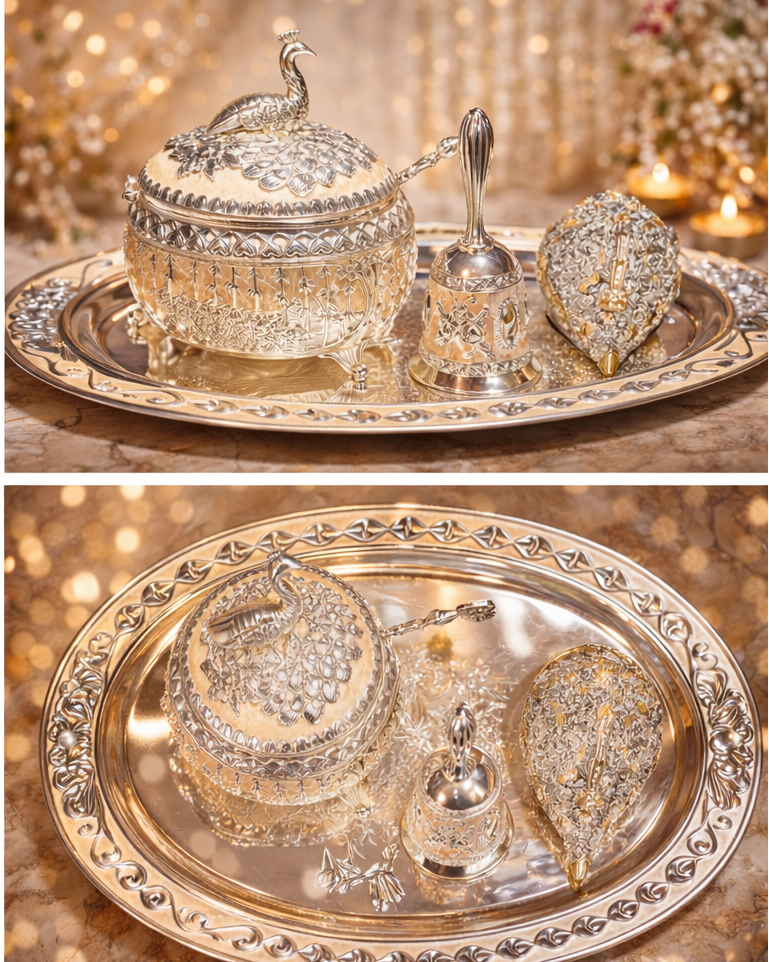 Luxury Silver Pooja Thali Set with Peacock Lid Bowl, Bell & Decorative Kalash