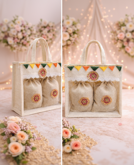 Pastel Wedding Jute Gift Bag with Potli Set – Premium Return Gift