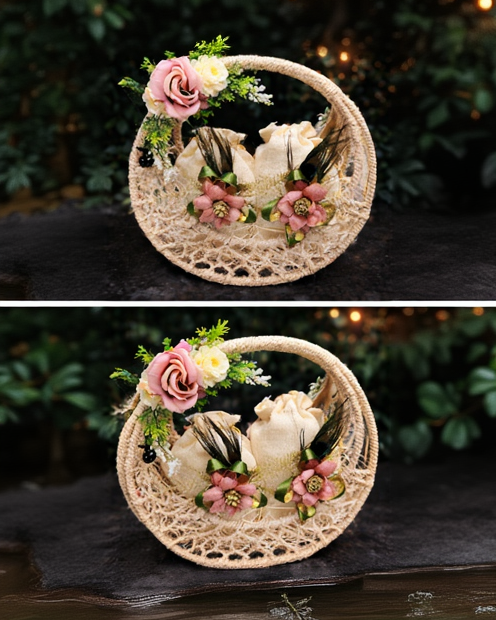 Handcrafted Jute Gift Basket with Floral Decoration & Potli Bags