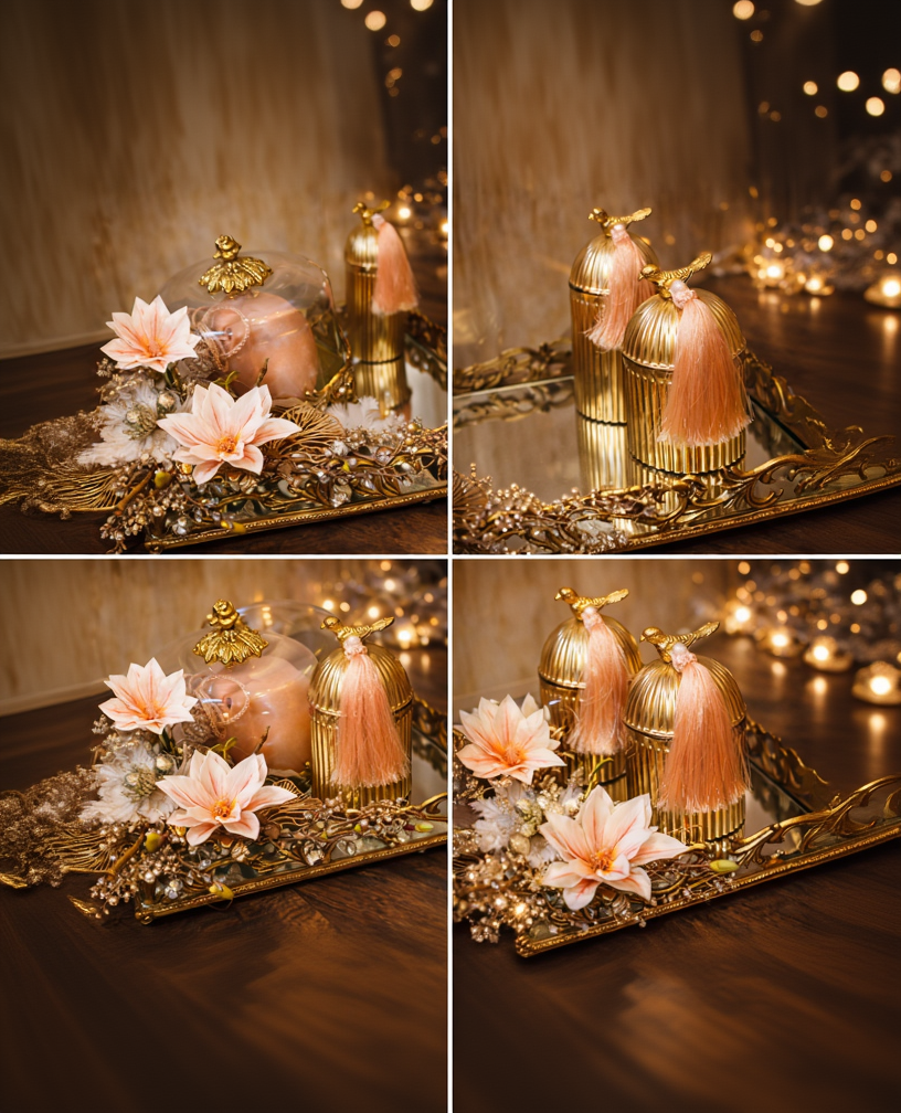 Luxury Gold Decorative Tray Set with Glass Cloche Candle & Bird Lid Jars – Blush & Gold Home Décor