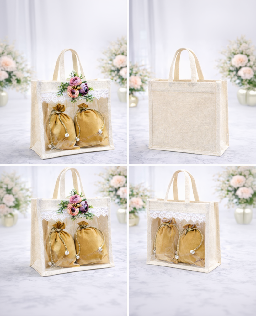 Premium Jute Gift Bag with Transparent Panel & Potli Set