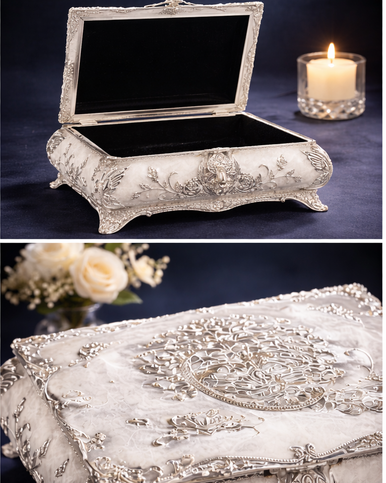 Luxury White & Silver Floral Jewelry Box