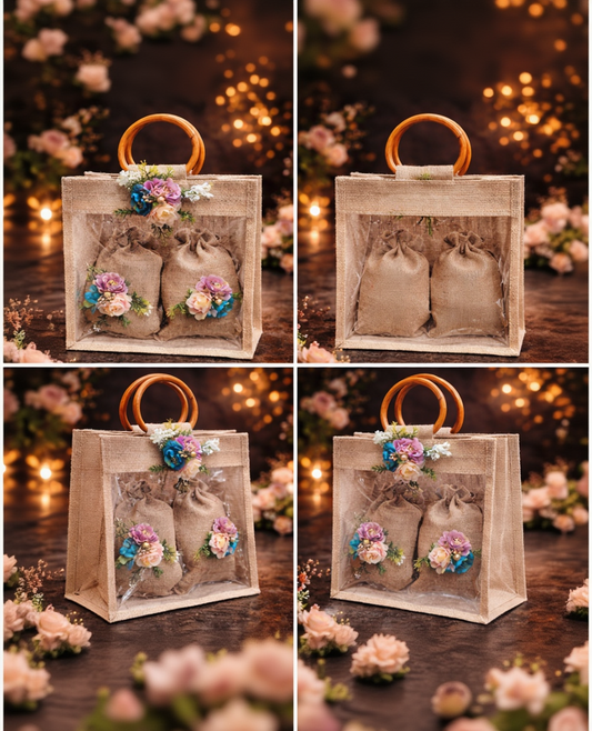 Handcrafted Jute Gift Bag with Wooden Handle & Potli Set – Premium Wedding Hamper