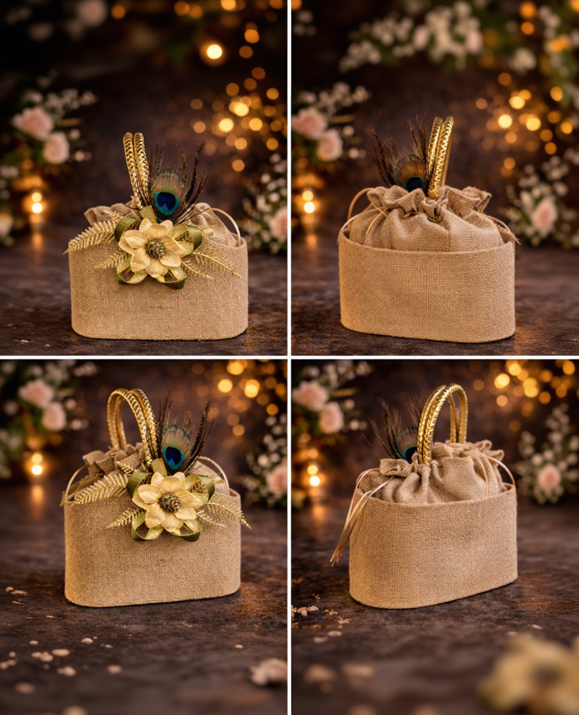 Rustic Jute Gift Basket with Peacock Feather & Floral Decor