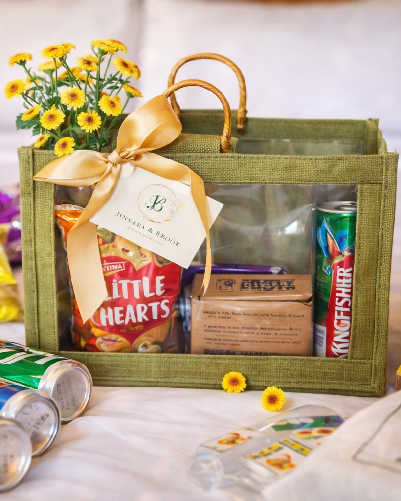 Premium Green Jute Gift Hamper Bag with Transparent Panels & Satin Bow – Elegant Luxury Gifting