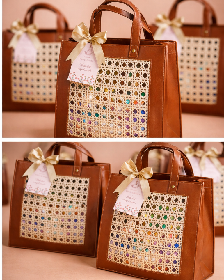 Luxury Cane Panel Leather Gift Bags for Premium Edible Hampers & Wedding Gifting