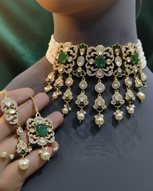 Gold Kundan Choker Necklace Set with Pearl Drops