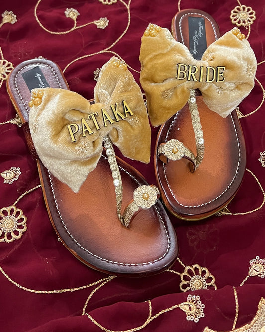 Pataka Bride Bridal Sandals – Custom Wedding Kolhapuri Flats with Velvet Bow for Bride