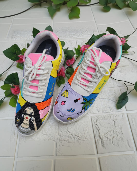 Custom Queen Beauty Sneakers – Hand-Painted Colorful Designer Shoes for Women