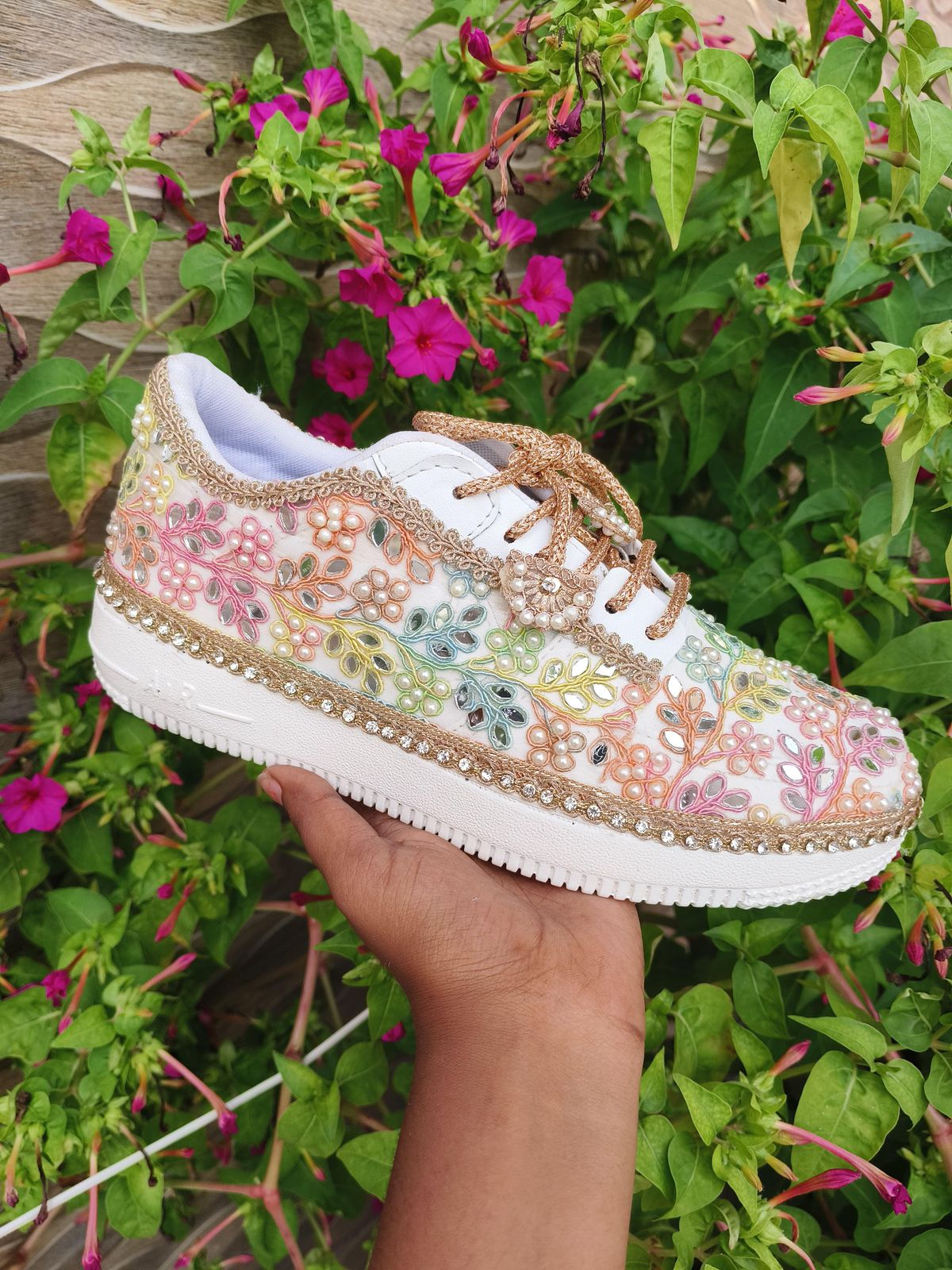 Pastel Floral Embroidered Sneakers with Pearl & Mirror Work – Designer Wedding Shoes