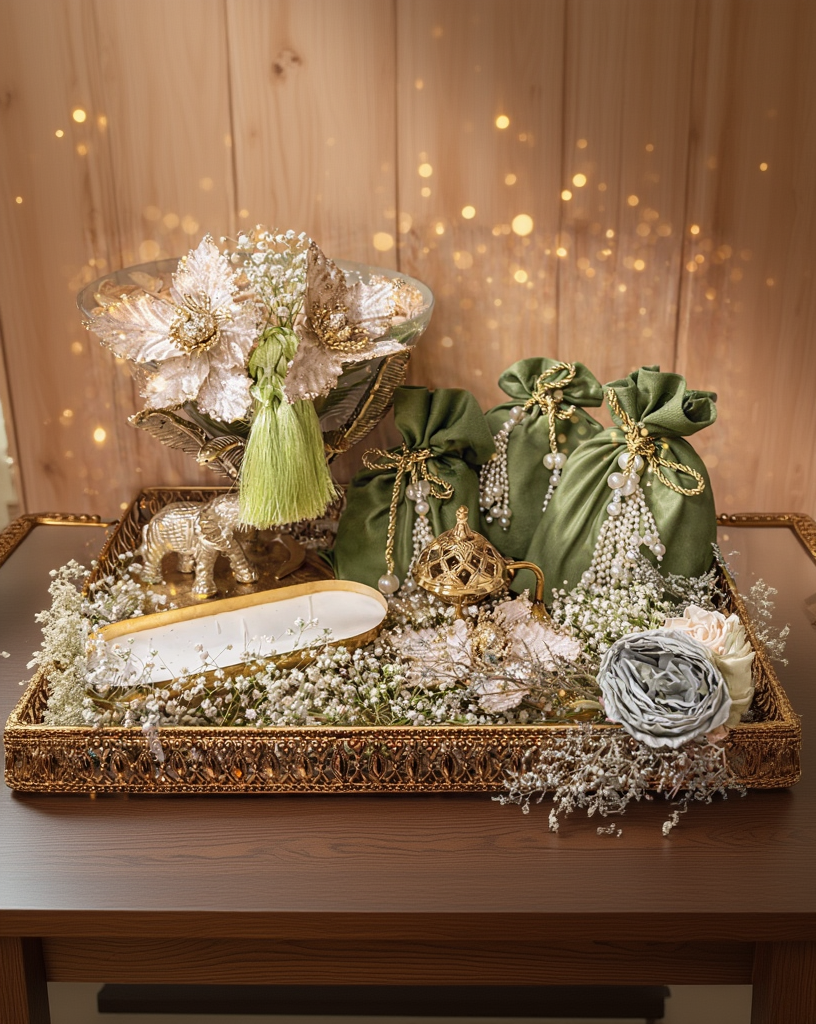 Elegant Green Potli Gift Packing for Indian Weddings