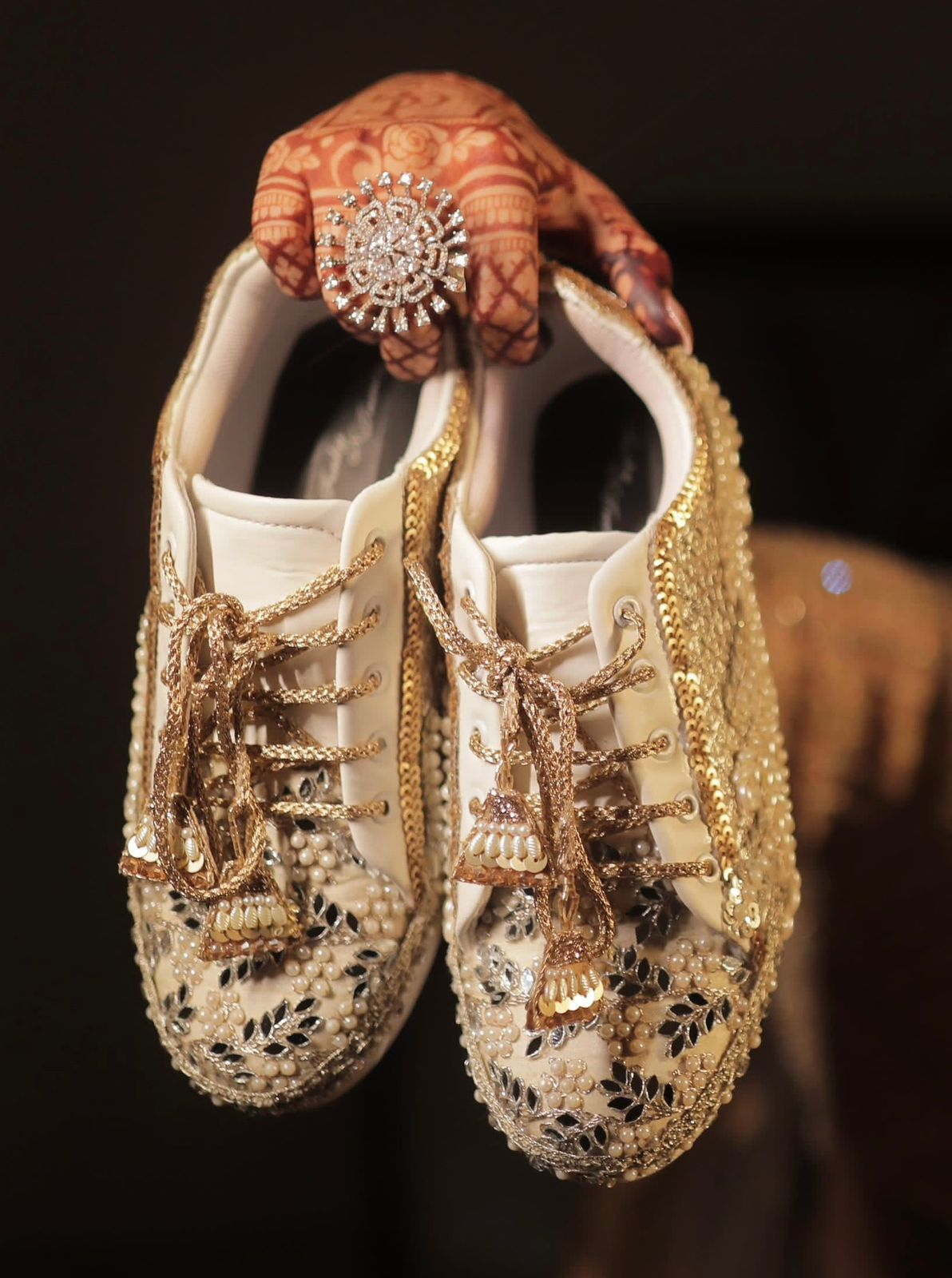Gold & Pearl Embellished Bridal Sneakers with Mirror Work – Luxury Wedding Shoes