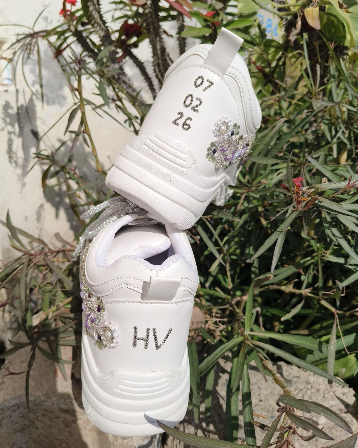 Personalized White Bridal Sneakers with Date & Initials – Custom Wedding Shoes