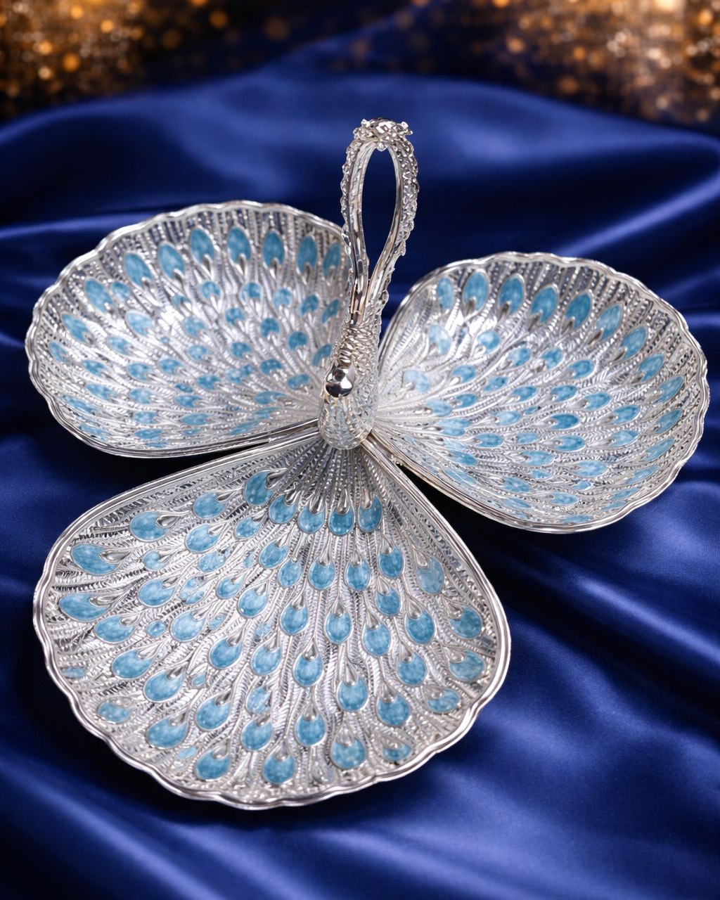 Luxury Silver Peacock 3-Section Serving Bowl with Turquoise Detailing – Decorative Centerpiece Tray