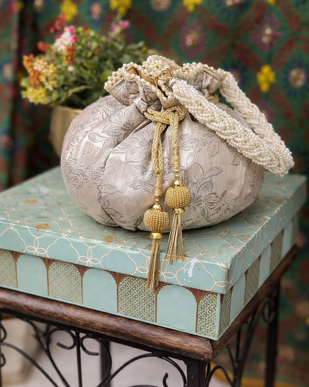 Luxury Handcrafted Silk Potli Bag with Pearl Tassels
