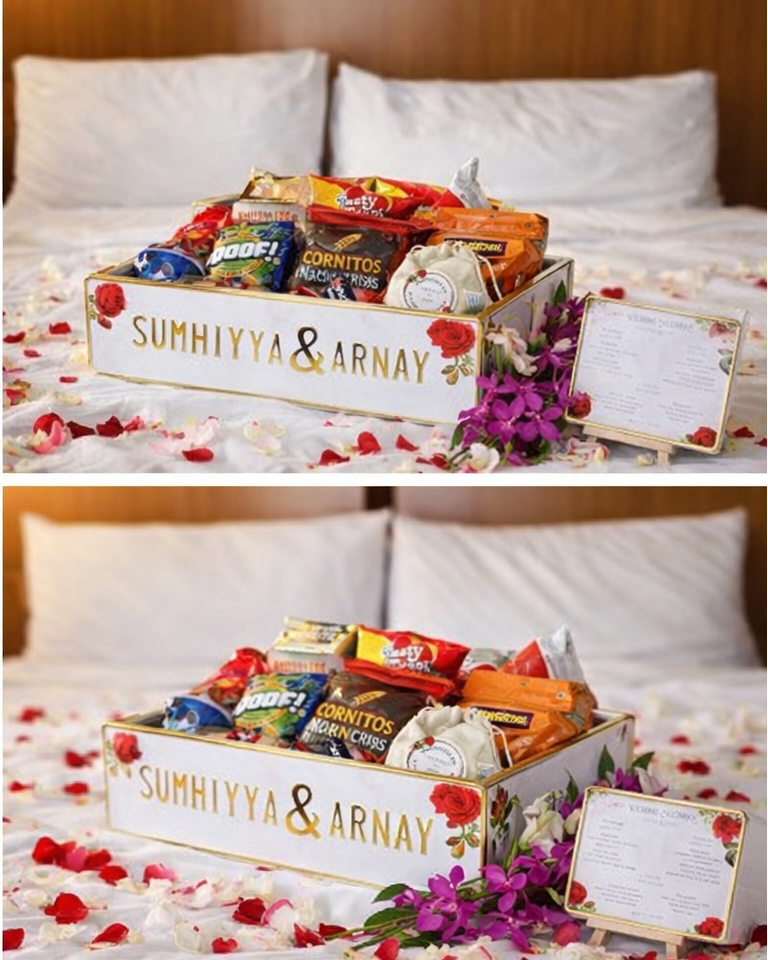 Elegant Personalized Wedding Welcome Setup with Floral Styling on Luxury Hotel Bed