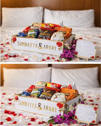 Elegant Personalized Wedding Welcome Setup with Floral Styling on Luxury Hotel Bed