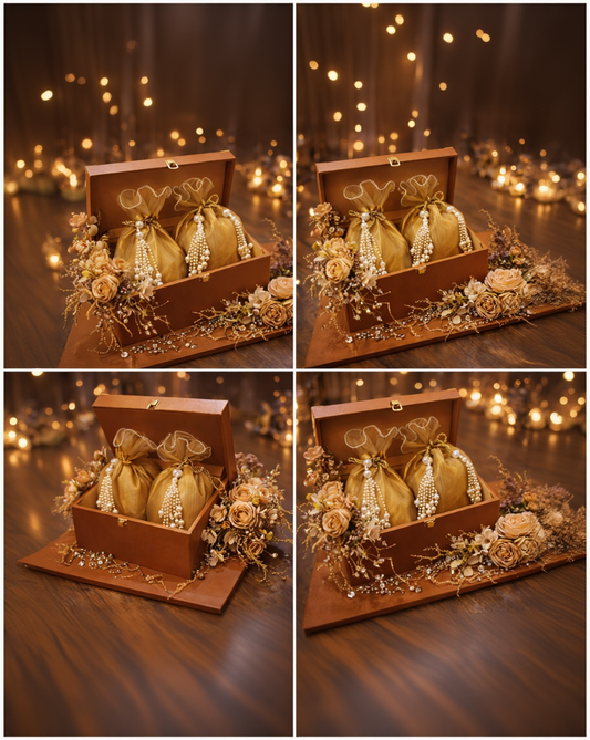 Luxury Burnt Orange Wedding Gift Box Set with Gold Organza Pouches & Pearl Tassels