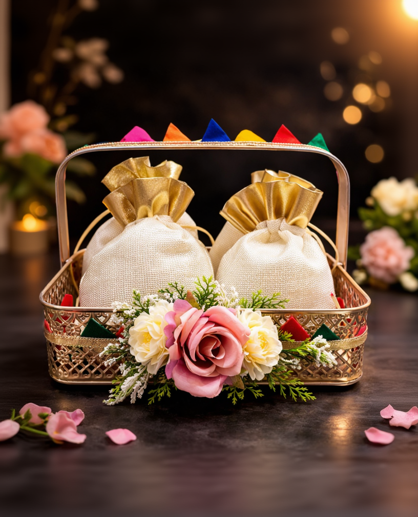 Luxury Metal Gift Basket with Potli Bags & Floral Decor