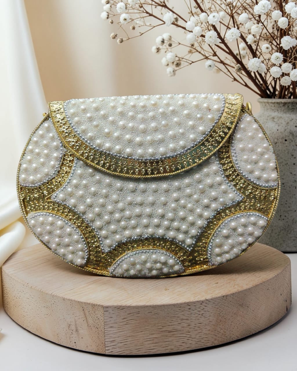 Elegant Pearl Embellished Gold Clutch Bag for Weddings & Evening Parties