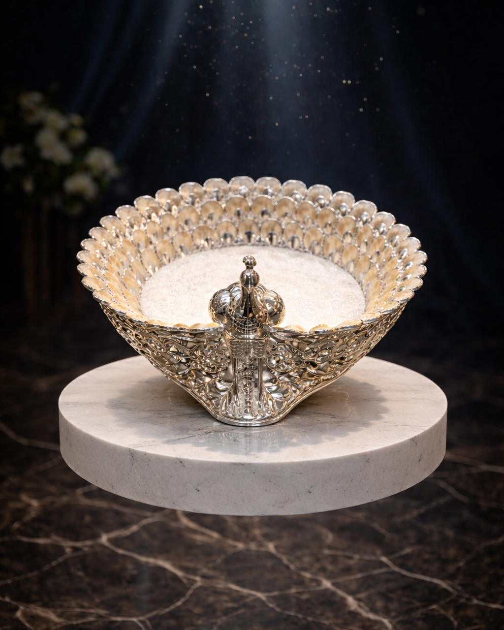 Luxury Silver Decorative Bowl with Peacock Motif – Premium Centerpiece Serveware