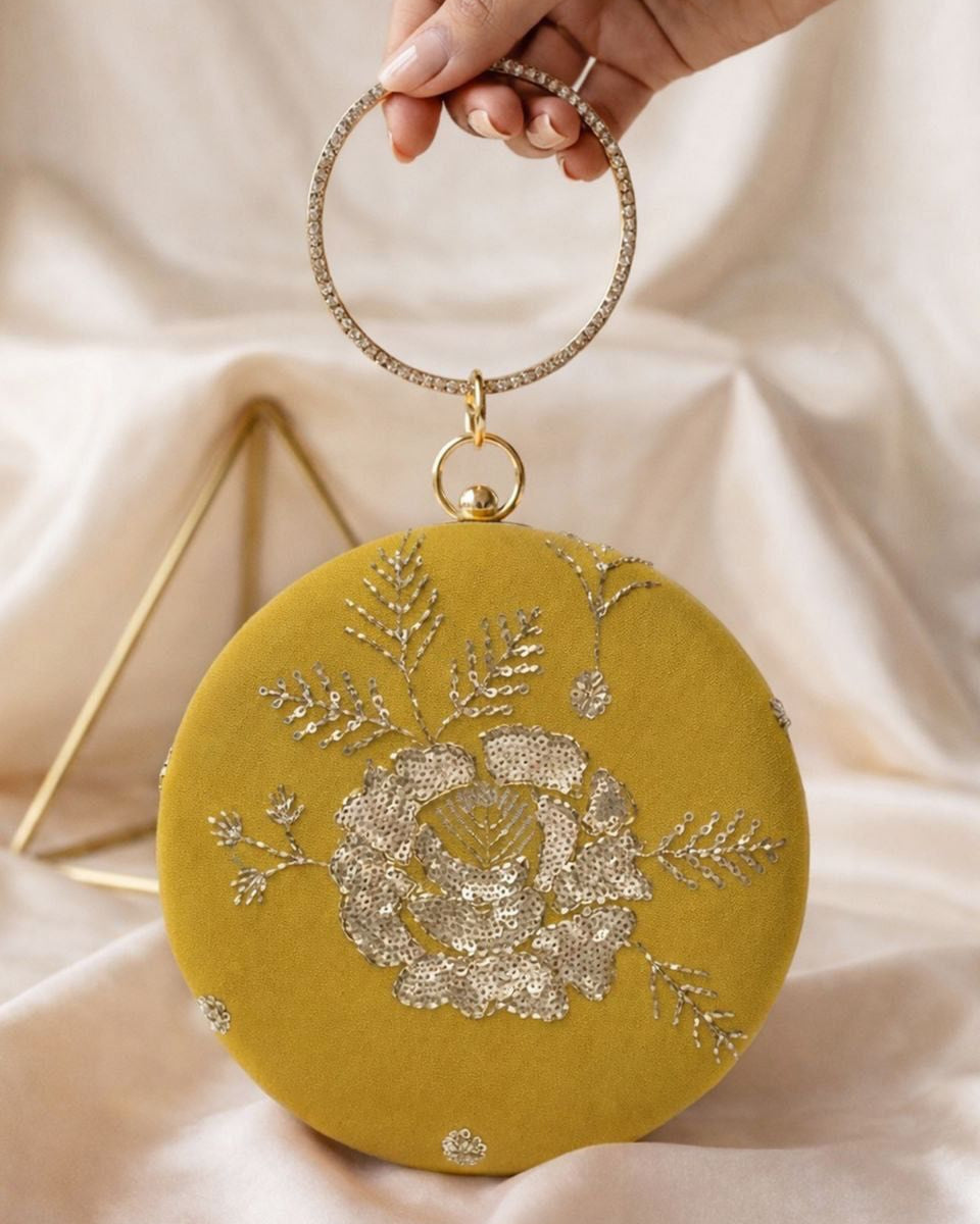 Elegant Floral Embroidered Round Clutch – Handcrafted Designer Evening Party Bag with Statement Handle
