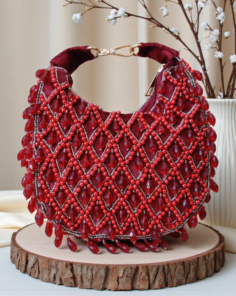 Luxury Hand-Embellished Crystal Potli Bag with Pearl & Bead Work – Designer Ethnic Clutch for Weddings & Festive Occasions