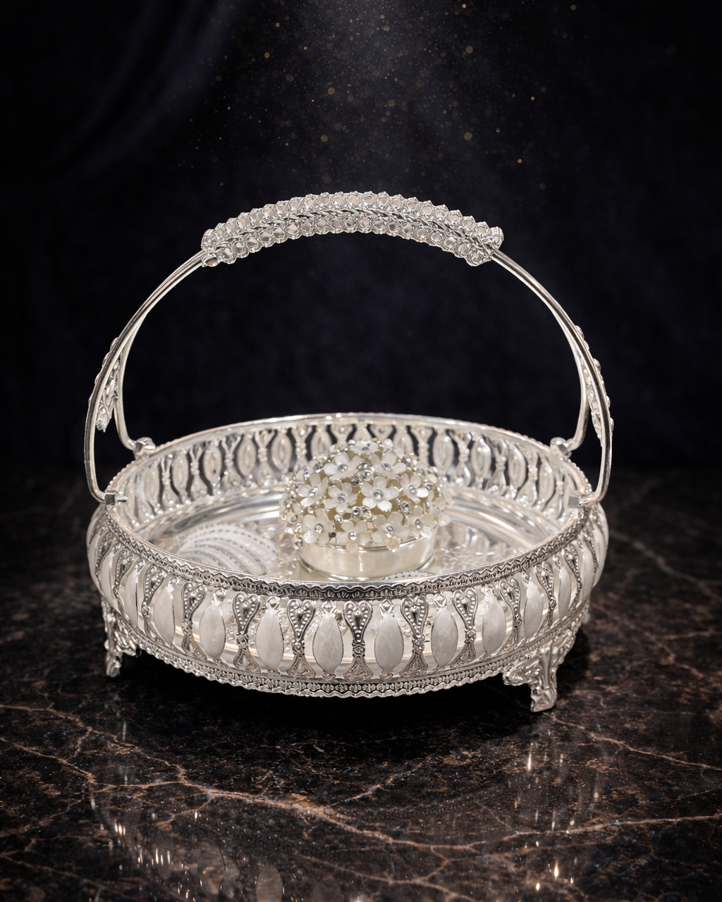 Luxury Silver Filigree Basket with Mother of Pearl & Crystal Handle – Elegant Decorative Centerpiece