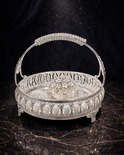 Luxury Silver Filigree Basket with Mother of Pearl & Crystal Handle – Elegant Decorative Centerpiece