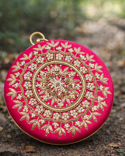 Luxury Embroidered Velvet Clutch with Pearl Detailing & Chain Sling