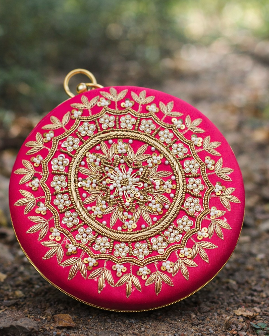 Luxury Embroidered Velvet Clutch with Pearl Detailing & Chain Sling