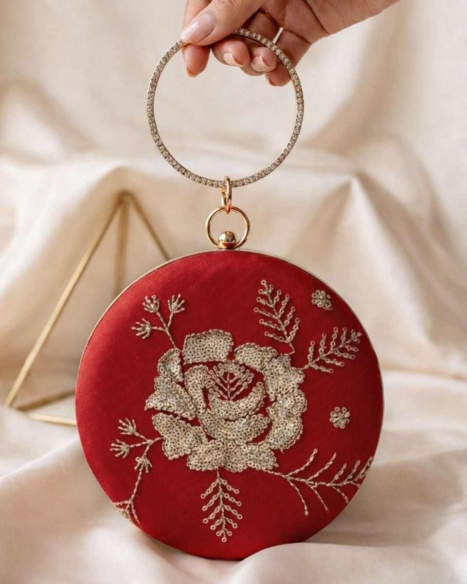 Elegant Floral Embroidered Round Clutch – Handcrafted Designer Evening Party Bag with Statement Handle