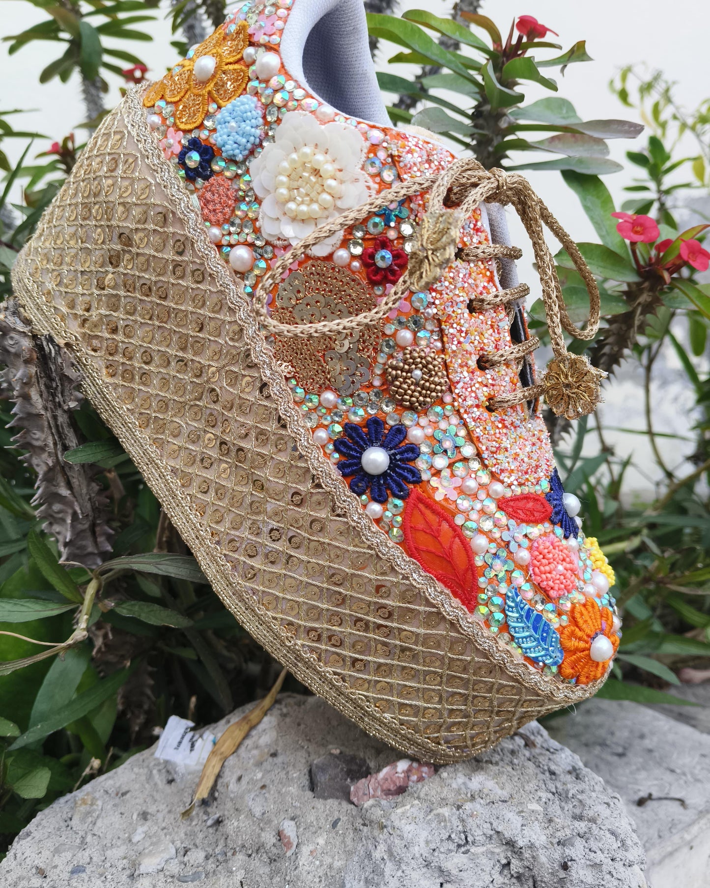Handcrafted Floral Embellished Sneakers with Gold Sole – Designer Statement Shoes