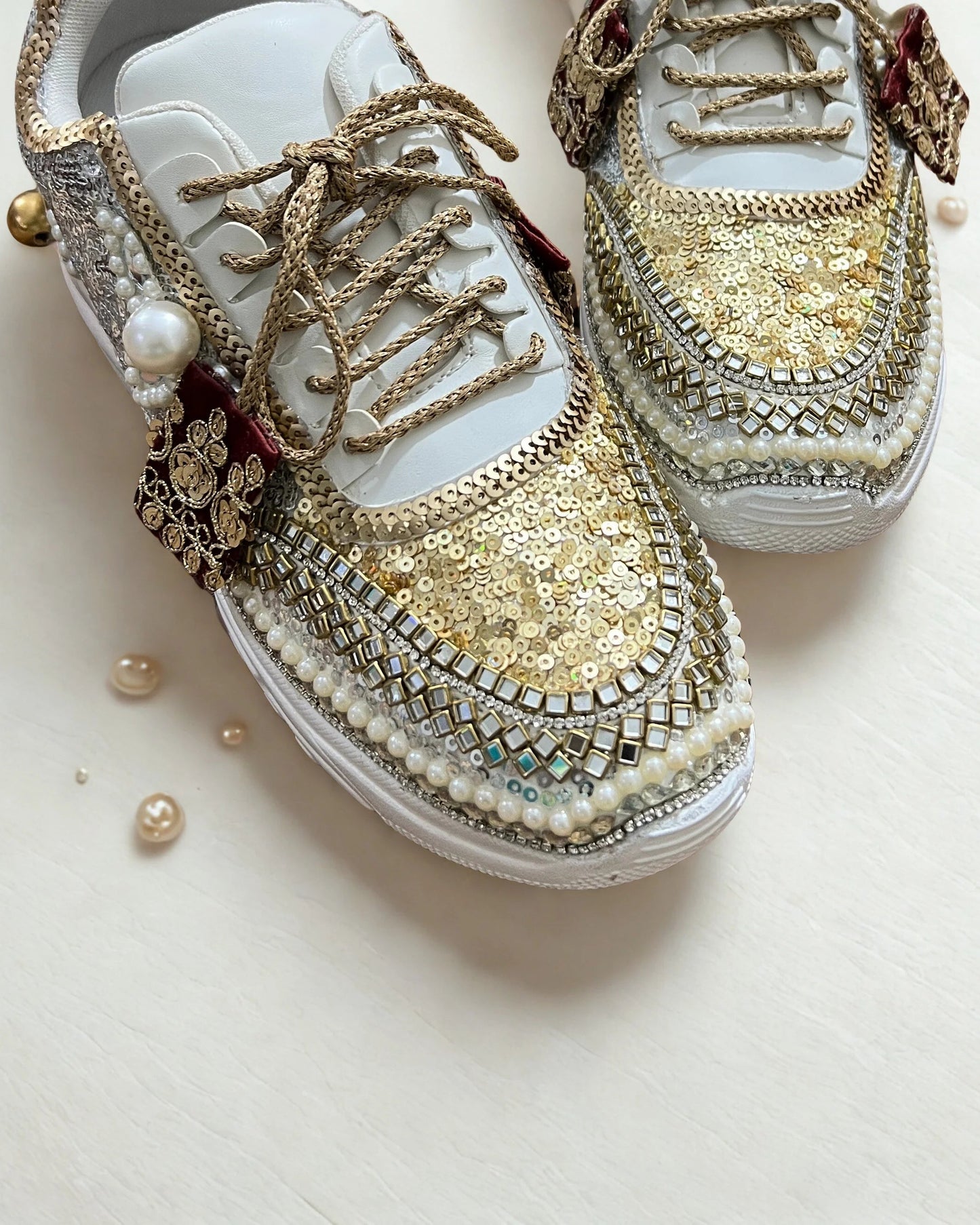 Luxury Gold & Pearl Bridal Sneakers – Designer Wedding Shoes