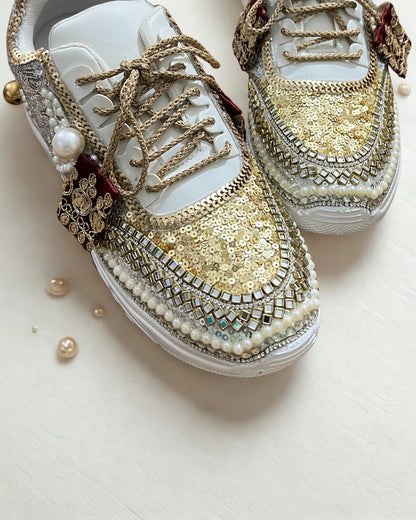 Luxury Gold & Pearl Bridal Sneakers – Designer Wedding Shoes