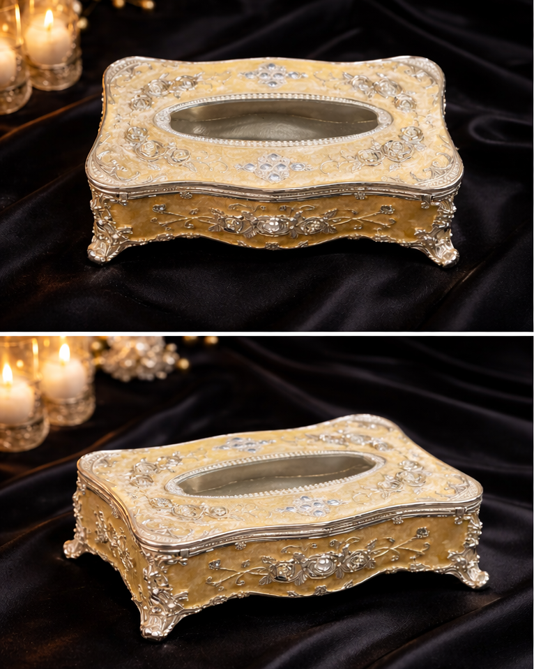 Luxury Gold & Silver Ornate Tissue Box Cover with Crystal Detail