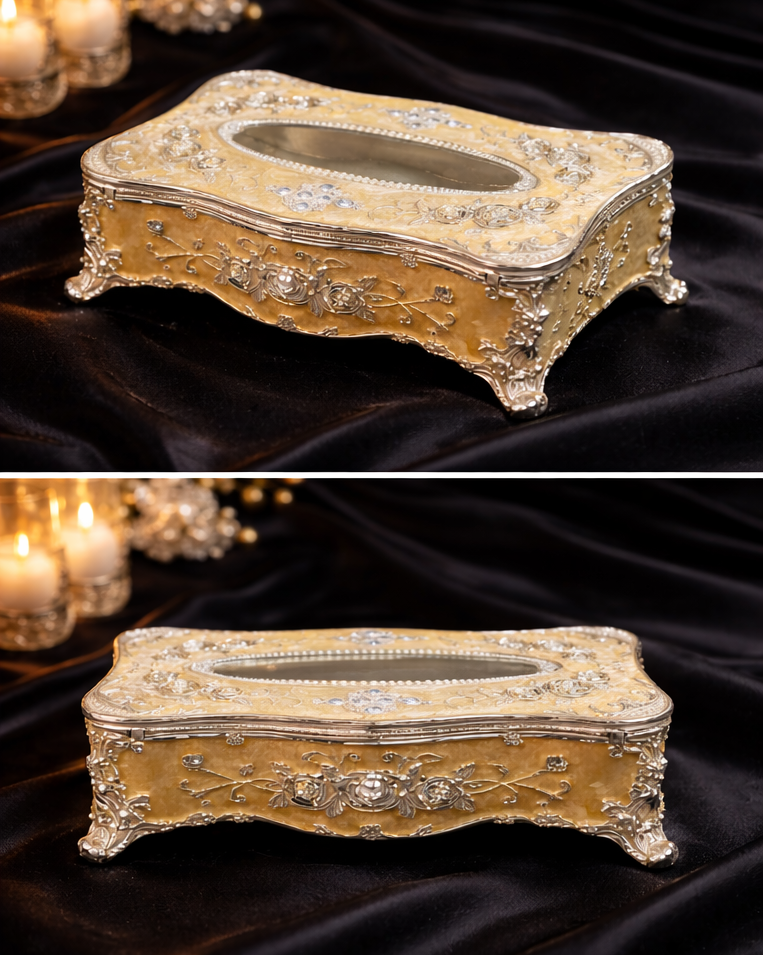 Luxury Gold & Silver Ornate Tissue Box Cover with Crystal Detail