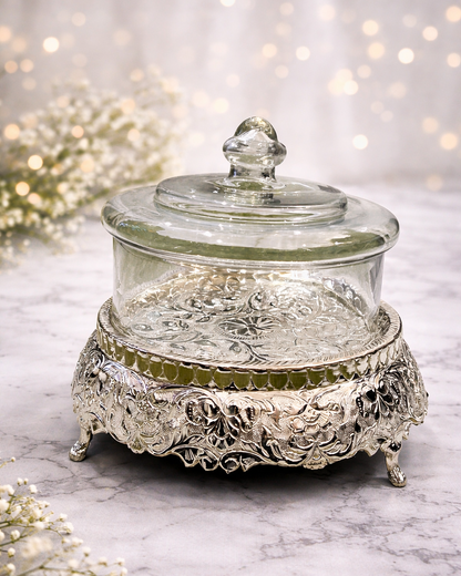 Luxury Glass Candy Jar with Ornate Silver Stand & Lid