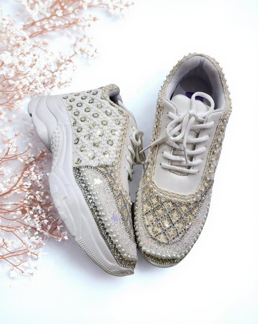 Ivory Pearl Embellished Bridal Sneakers – Luxury Wedding Shoes