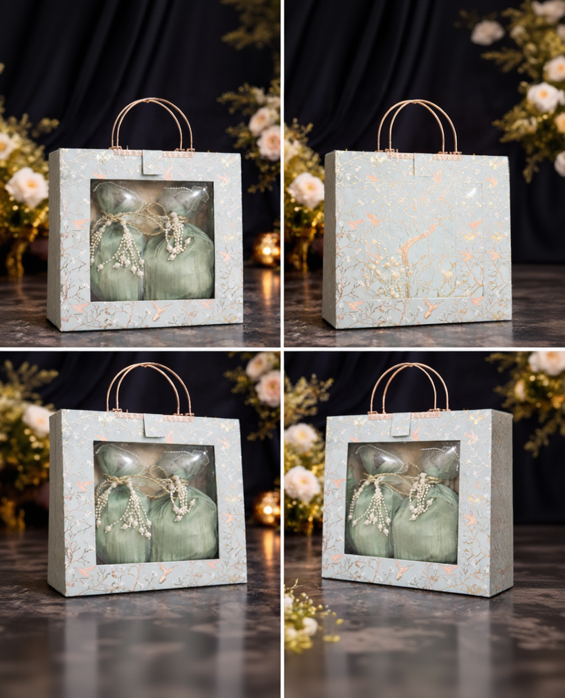 Luxury Mint Green Gift Box with Pearl Potli Set & Rose Gold Handle